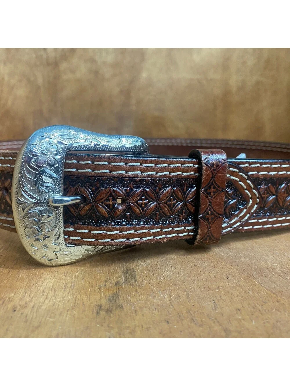 Ranger Belt Co Western Tooled Brown Leather 36 Silver Engraved Buckle Floral
